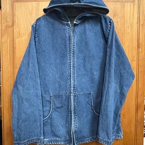 Vintage Chic Women's Denim Blue Hooded Barn Jacket Pockets Large XL Excellent